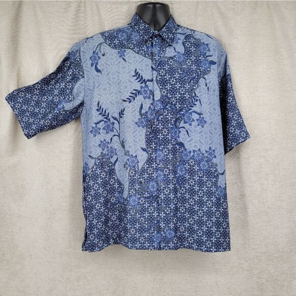 Harni Indonesian Batik Shirt Vintage Men's Blue Floral Button Down Shirt - Picture 2 of 8